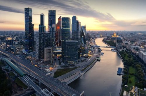 Russia Moscva river with Third Ring Road and Moscow International Business Center