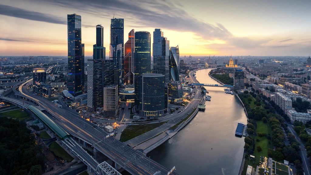 Russia Moscva river with Third Ring Road and Moscow International Business Center
