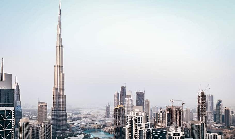 Dubai Burj Kalifa building amongst other skyscrapers