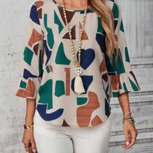 EMERY ROSE Women's Casual Geometric Heart Print Round Neck Flared Sleeve Loose Blouse, Daily Wear