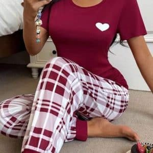 SHEIN Burgundy Long Pant Plaid Pajama Set With Round Neck And Casual Style