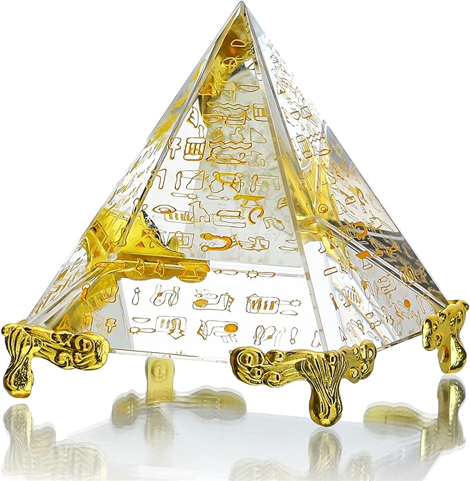 Crystal Prism Paperweight Positive Energy Ornament Glass Egyptian Pyramid, Egyptian Gold