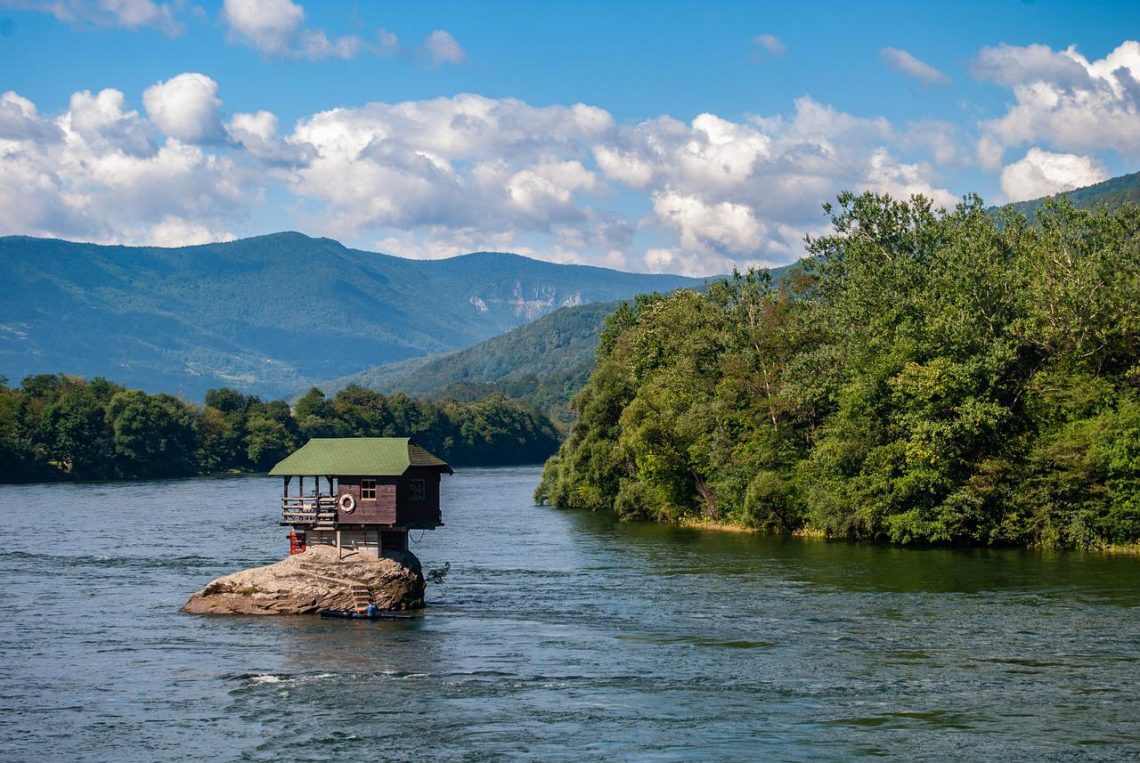 River, house, stone, rock, forest, house on a rock, trees, woods, wildlife, mountains, landscape, nature, drina river, serbia, balkan, europe