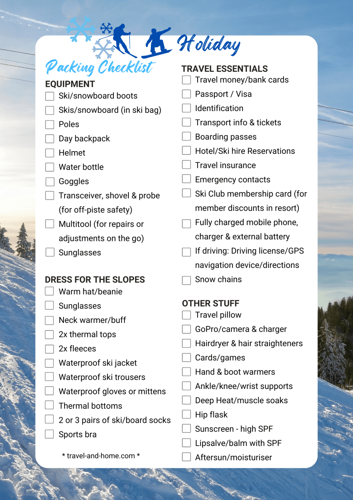 Packing list for winter ski snowboard holiday, Winter Holiday Packing Lists