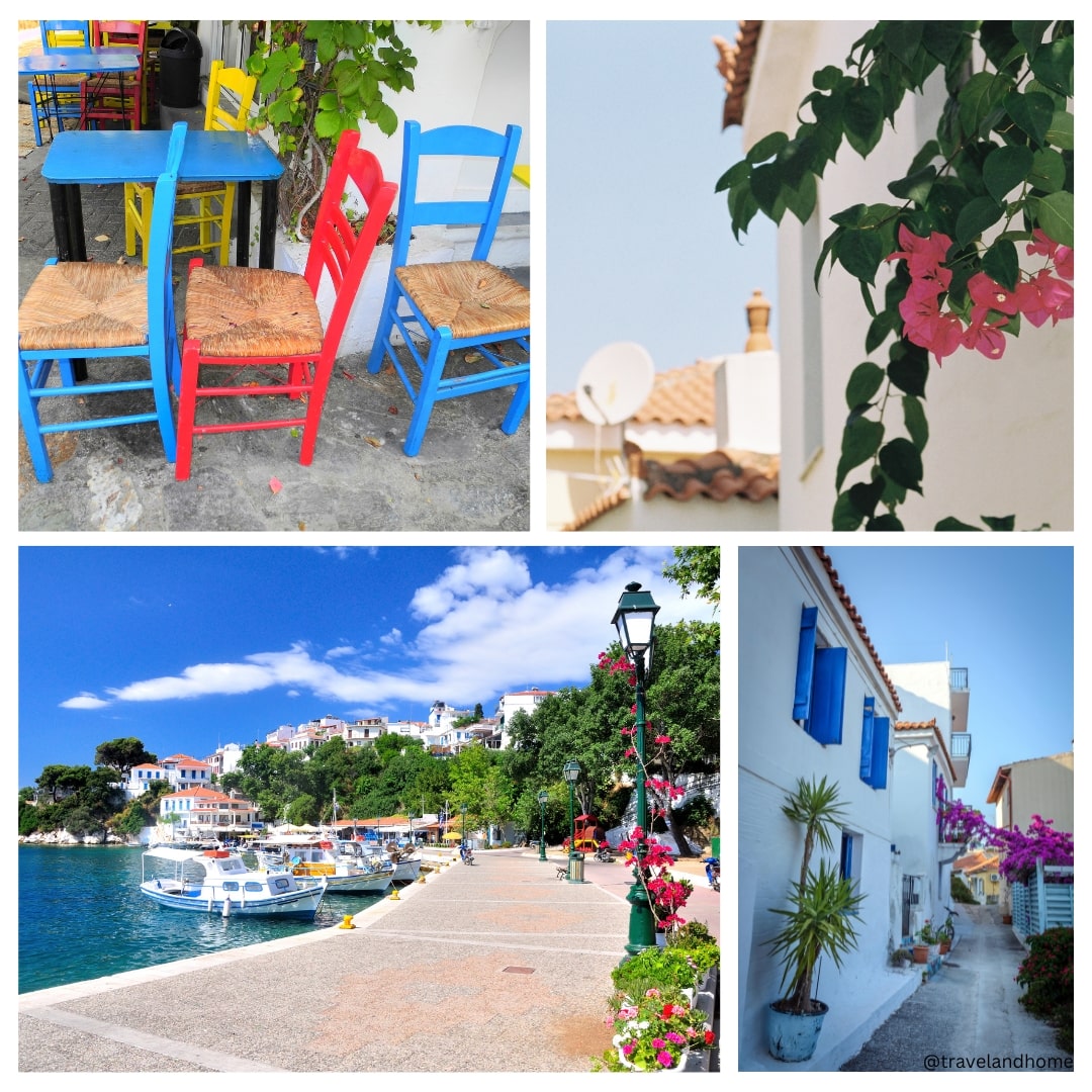 Travel Skiathos Greece go to visit port ally bougainvillea restaurant chairs min