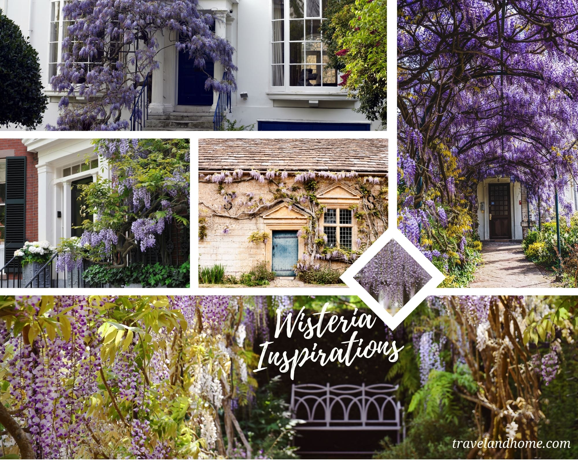 Travel inspirations, wisteria, garden, house, front door, bench, travel and home, #travelandhome min