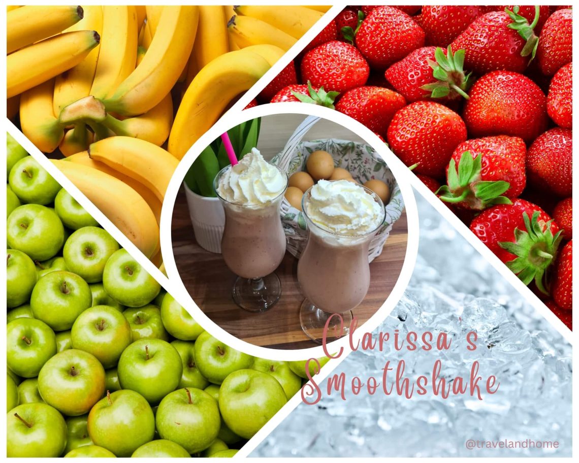 Clarissas Fruity Pink Smoothshake recipe travelandhome milkshake smoothie min