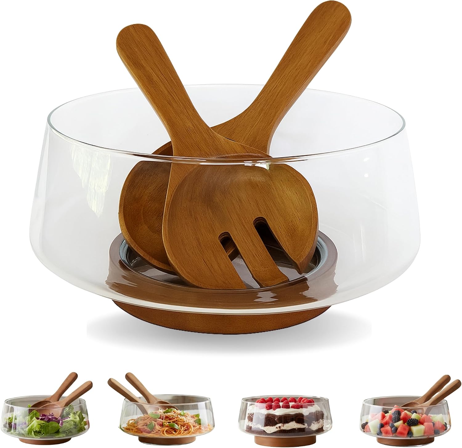 Large Glass Salad Bowl with Wood Base & Spoons, fruit salad bowl