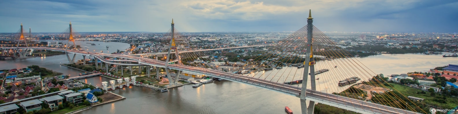 Aerial view of Bhumibol suspension bridge cross over Chao Phraya River