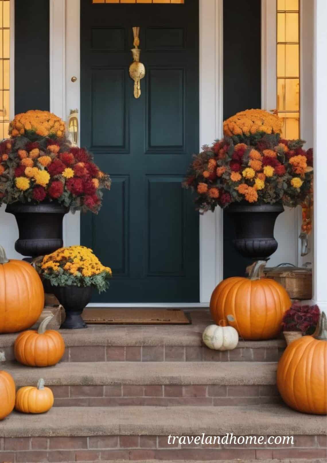 halloween diy decorations, front door, pumpkins, flowers, DIY Halloween decorations