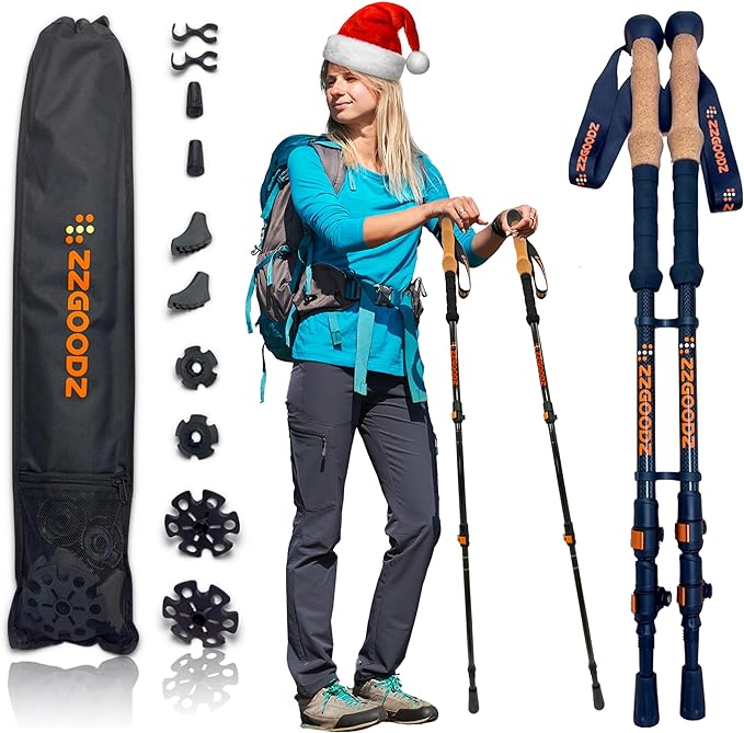 Collapsible Hiking & Trekking Poles pc Ultralight Folding Walking Sticks for Seniors, Women and Men Adjustable Hiking Sticks with Metal Folding Clasps, Cork Handle and Silky Wristband