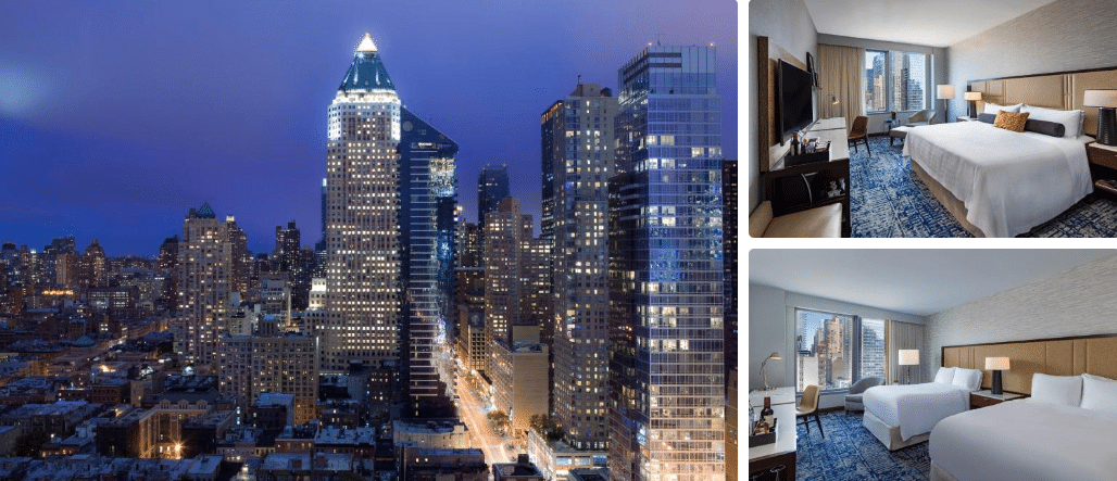 Luxury hotel in New York City with bedrooms on display and Manhattan city views at night time.