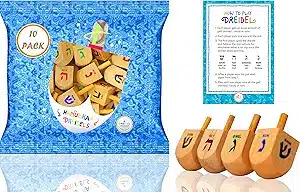 Natural Wood Dreidels Hanukkah Draydel with English Transliteration & Instruction Cards (10-Pack)