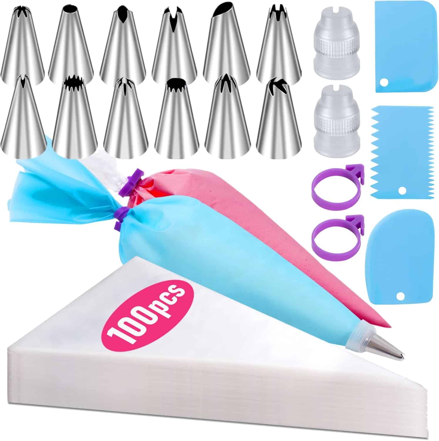 Piping Bags and Nozzles Set, 100Pcs Pastry Bags, Icing Bags Disposable for Cakes Decorating Kit