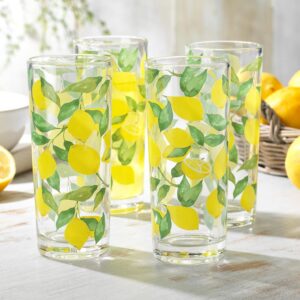 Lemon Print Highball Glasses, Slim 10 oz Summer Drinking Glassware, Set of 4 Petite Juice Glasses for Breakfast, Milk, Smoothies Decorative lemon spritzer glasses