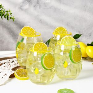 4 Pack Lemon Icon Juice Glasses 14oz Stemless Wine Drinking Glass Cup Double Old Fashioned Hand Blown Cocktail Glassware for Summer Birthday Holiday Party Home Decor Lovely Gifts, glasses for lemon spritzer recipe