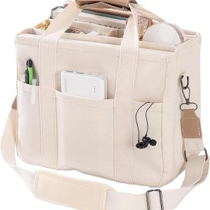 Canvas Tote Bag with Multi Pockets Crossbody Tote Bag for Women Trendy Shoulder Handbag Everything Tote Bag with Compartments