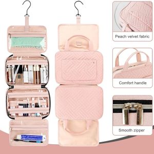 Large Capacity Toiletry Bag with Hanging Hook, Travel Makeup Bag PU Leather Cosmetic Bags for Women Make Up Organizer with 4 Compartments Waterproof Full Size Portable Travel Essentials
