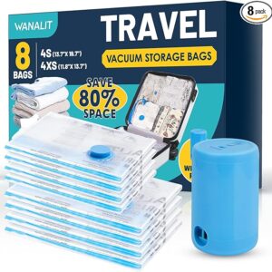 Vacuum Storage Bags for Travel, 8 Pack (4S+4XS) Vacuum Seal Bags with Wireless Rechargeable Electric Pump, Travel Essentials Space Saving Compression Bag for Clothes, Luggage, Suitcase, Backpack, Trip