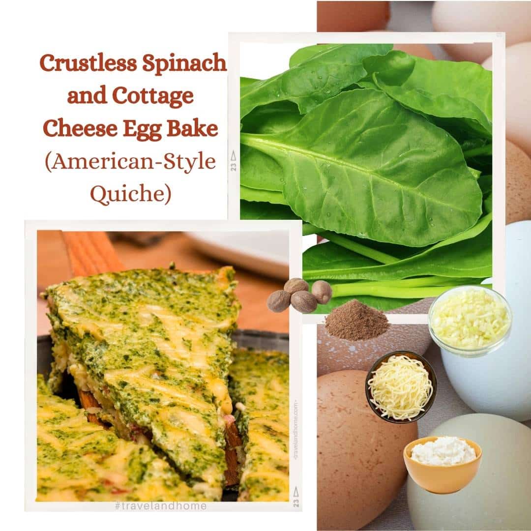 crustless spinach and cottage cheese egg bake, french quiche with american twist, dinner, brunch, lunch, breakfast, pinch of nutmeg, mozzarella cheese, chopped onions, ingredients