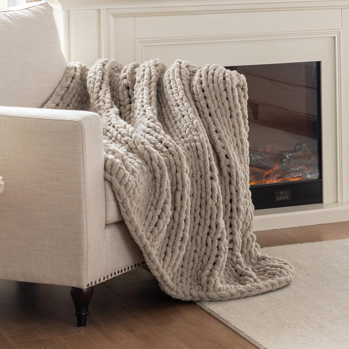Chunky Knit Blanket Throw Chenille Cable Knit Throw Beige Linen