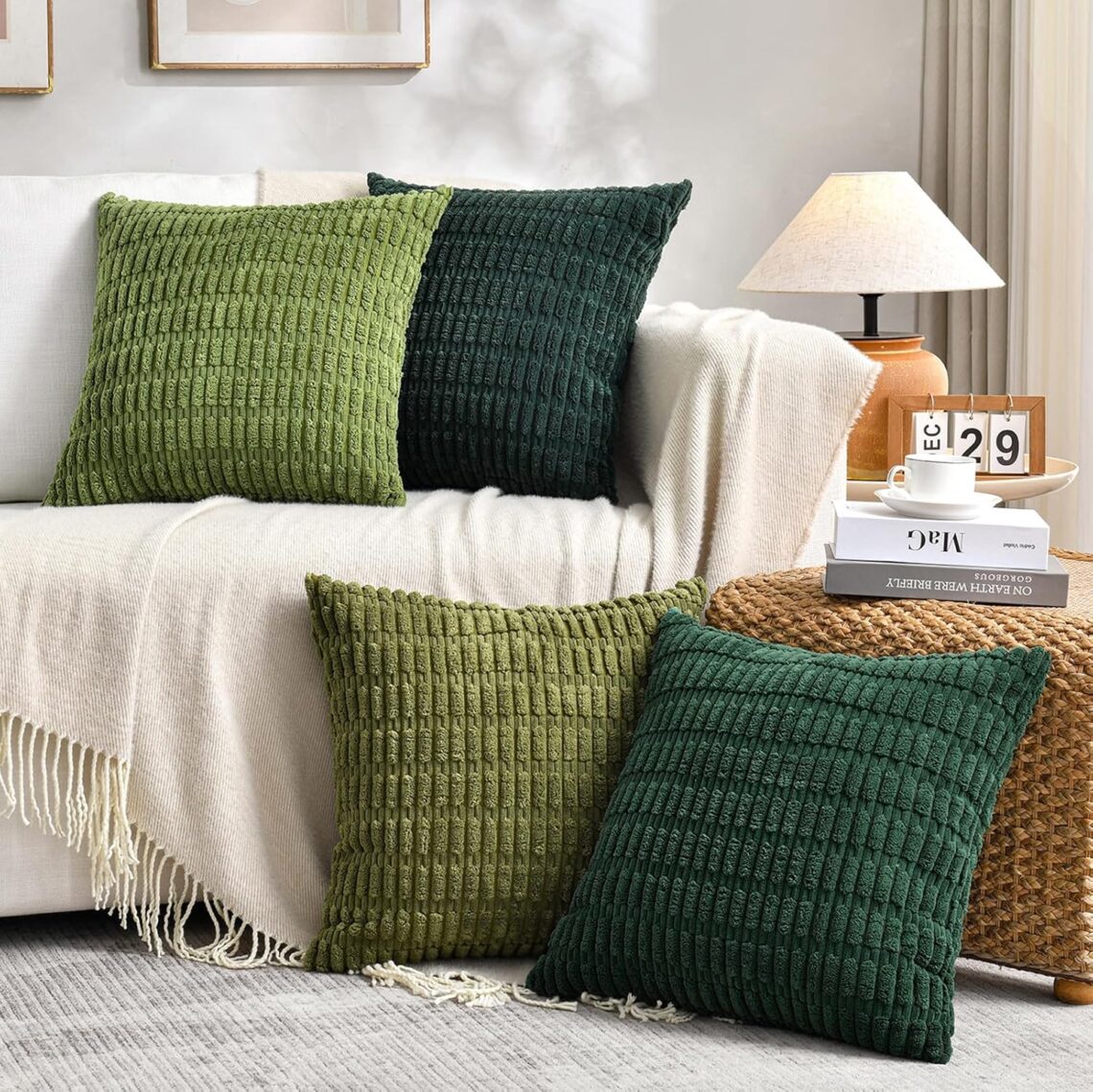 Ski chalet decor, Fancy Homi Set of 4 Green Boho Decorative Throw Pillow Covers 18x18 Inch for Couch Bed Sofa, Aesthetic Modern Bohemian Room Decor, Soft Fuzzy Fluffy Cozy Corduroy Cushion Case 45x45cm