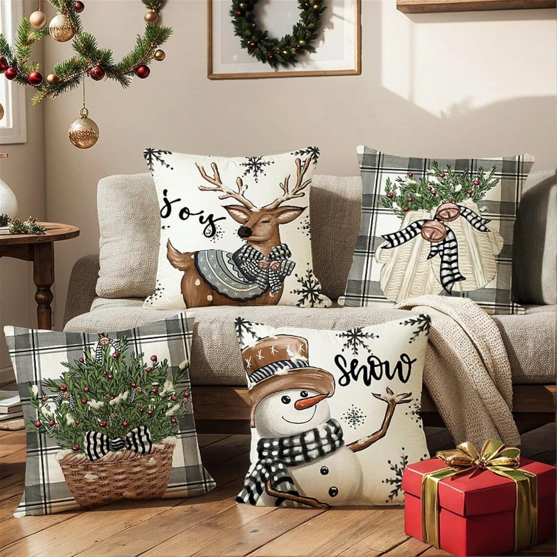 Ski Chalet Decor, Snowman Reindeer Gloves Christmas Throw Pillow Covers 18x18 inch, Farmhouse Grey Buffalo Plaid Winter Holiday Cushion Covers for Sofa Couch Set of 4