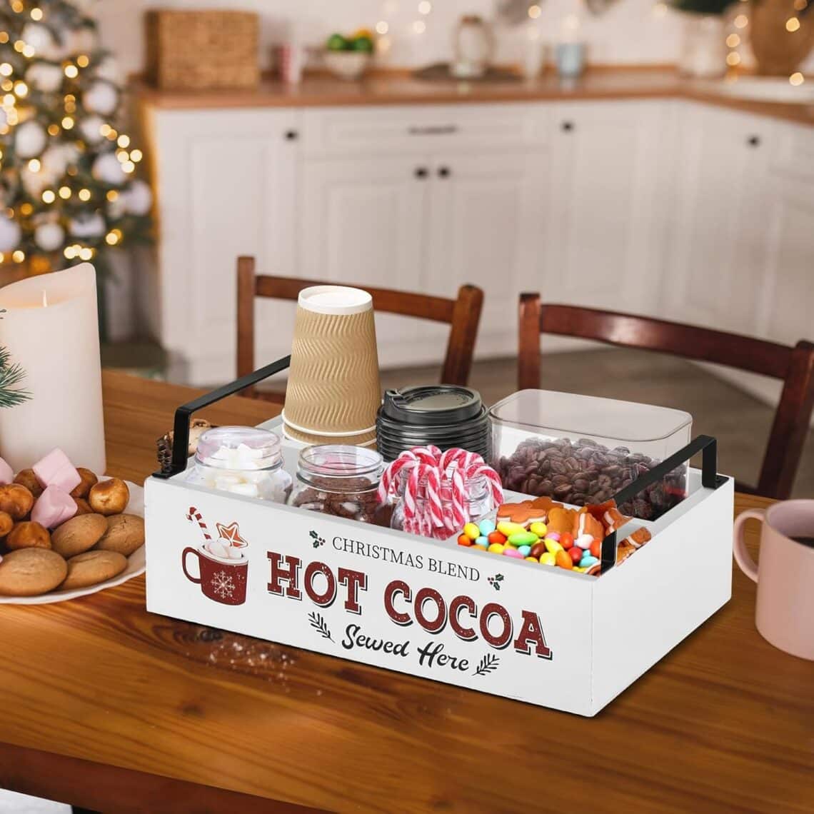 Hot Chocolate Station, Farmhouse Hot Cocoa Bar Supplies Organizer, Countertop Hot Chocolate with Handle, Wood Coffee Station Organizer Hot Cocoa Bar Decorative Box, Christmas