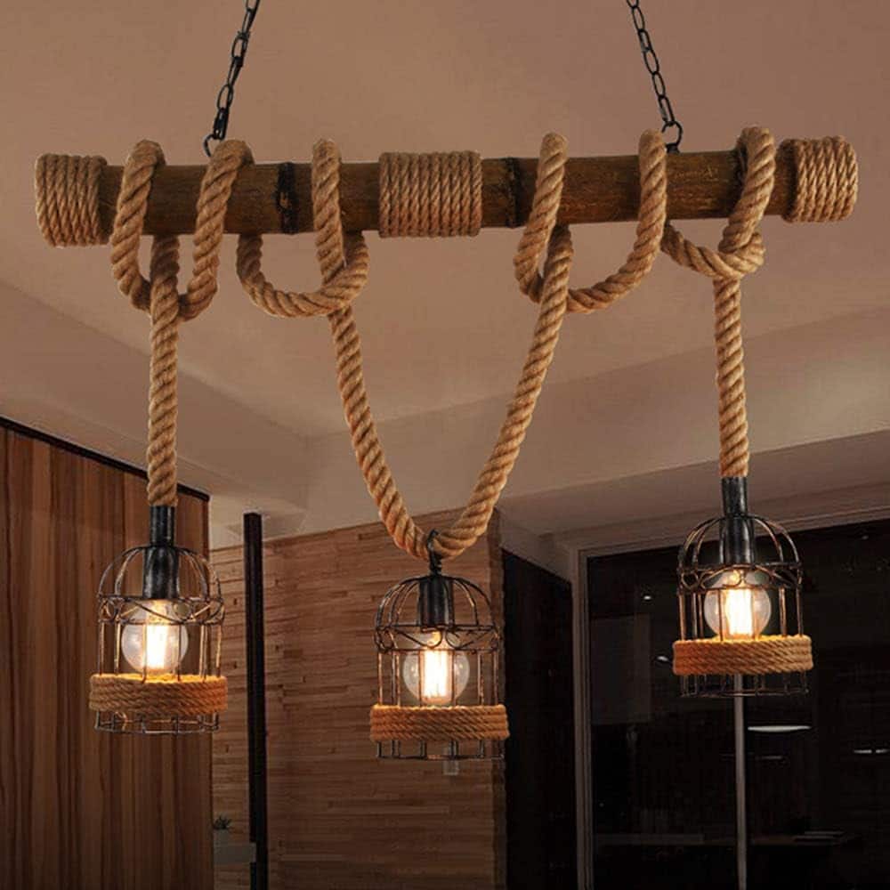 Birdcage Island Light 3 Lights Pendant Light Lantern Style with Rope Cage Frame, Wood Decoration Vintage Chandelier Ceiling Hanging Light, Ski Chalet Decor