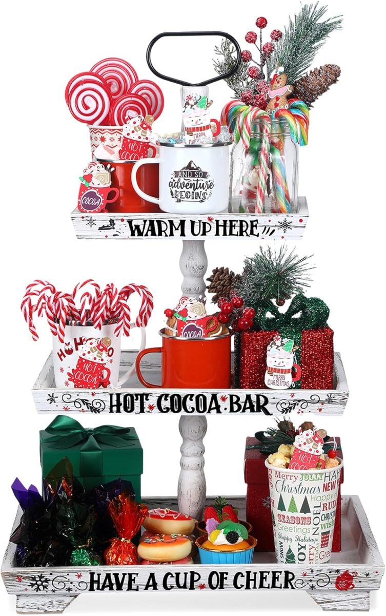 Layered Hot Chocolate Station, Christmas Hot Chocolate Bar Wood Cocoa Station Decorative Storage Box 3 Tier Chocolate Station Farmhouse Christmas Decorations for Home Office Kitchen Winter Gift