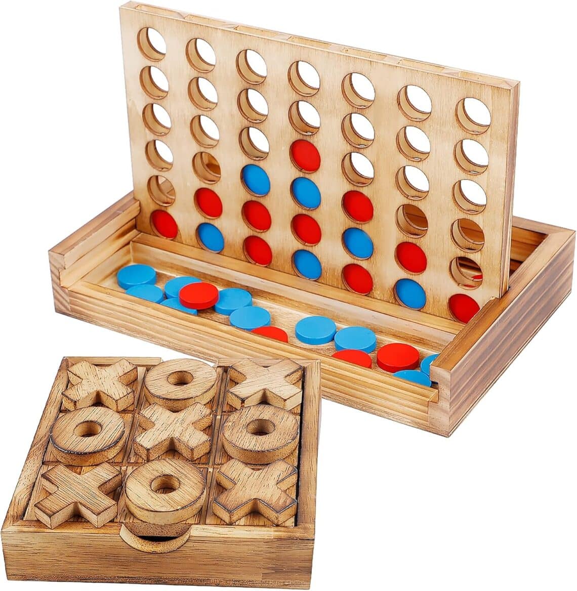 Wooden Board Games, Tic Tac Toe & 4 in a Row Tables Game Set, Classic Board Line Up 4 for Living Room Rustic Table Decor and Use as Game Top Wood Guest Room Decor
