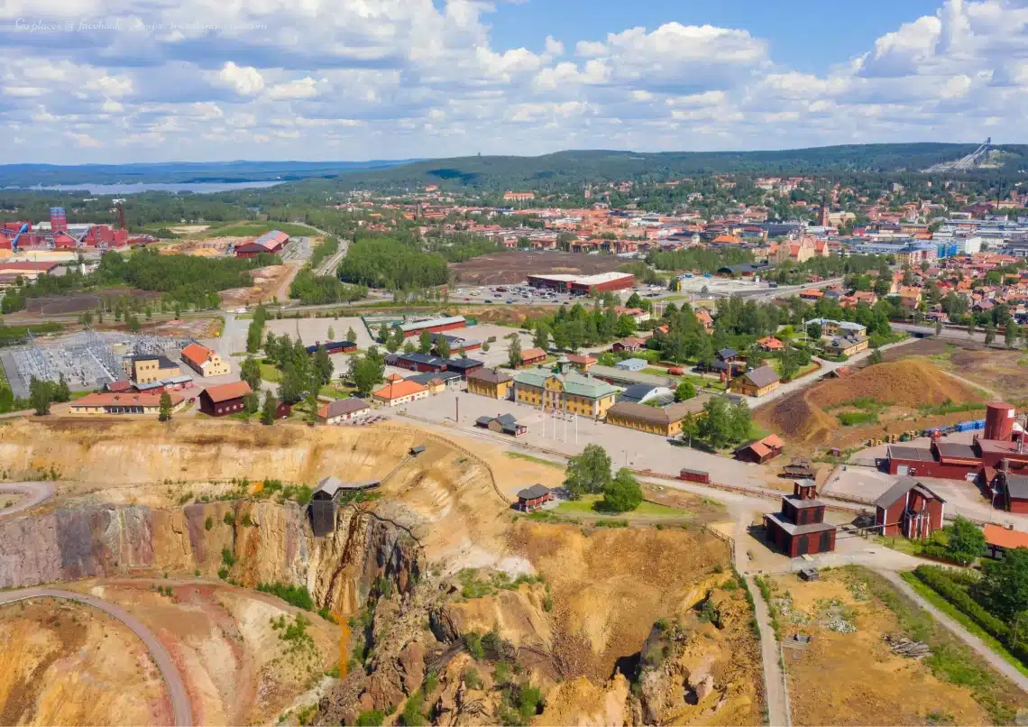 Aerial view of Falun, Sweden, with old copper mine in foreground, best UNESCO World Heritage Sites in Sweden