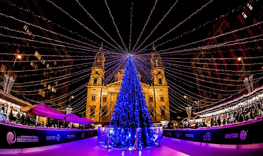 budapest advent fair at night light pine illuminated christmas in Hungary
