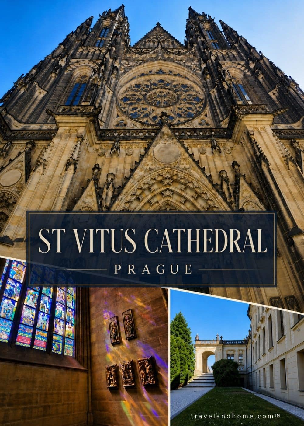 St Vitus Cathedral exterior, stained glass and Prague Castle grounds