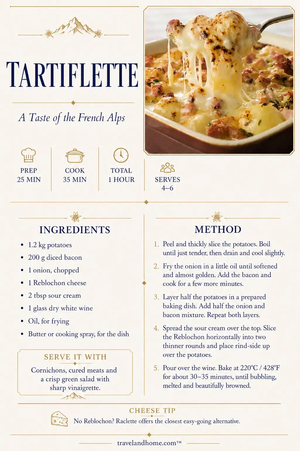 Easy Tartiflette Recipe, comfort food, recipe card, travel and home