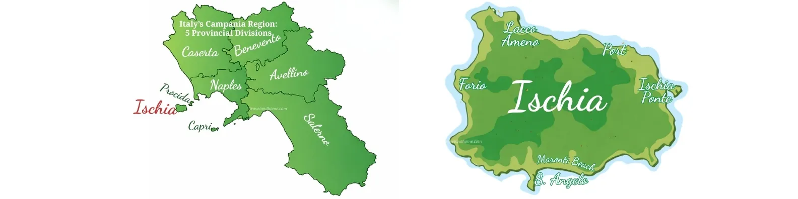 Map of Campania region in Italy, Procida Island, Ischia island, Capri Island