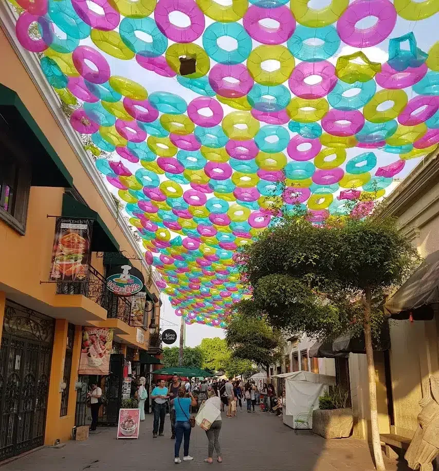 Tlaquepaque's umbrella street, in Calle Independencia street, Jalisco, Mexico