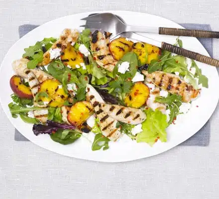 Grilled Chicken and Peach Salad, summer caravan recipes, summer lodge recipes, summer holiday self catering recipes