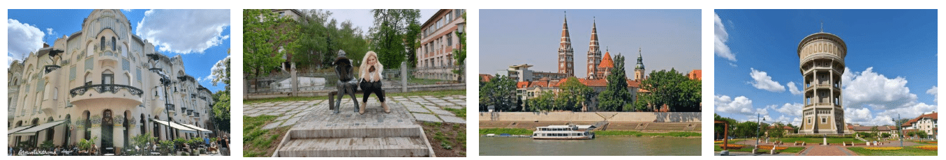 Reök Palace + Art Nouveau Architecture, Szeged sculpture of woman with face in hands, Tisza river cruise, water tower