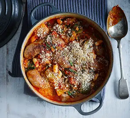 Smoky Sausage Casserole, winter caravan recipes, winter lodge recipes, winter holiday self catering recipes