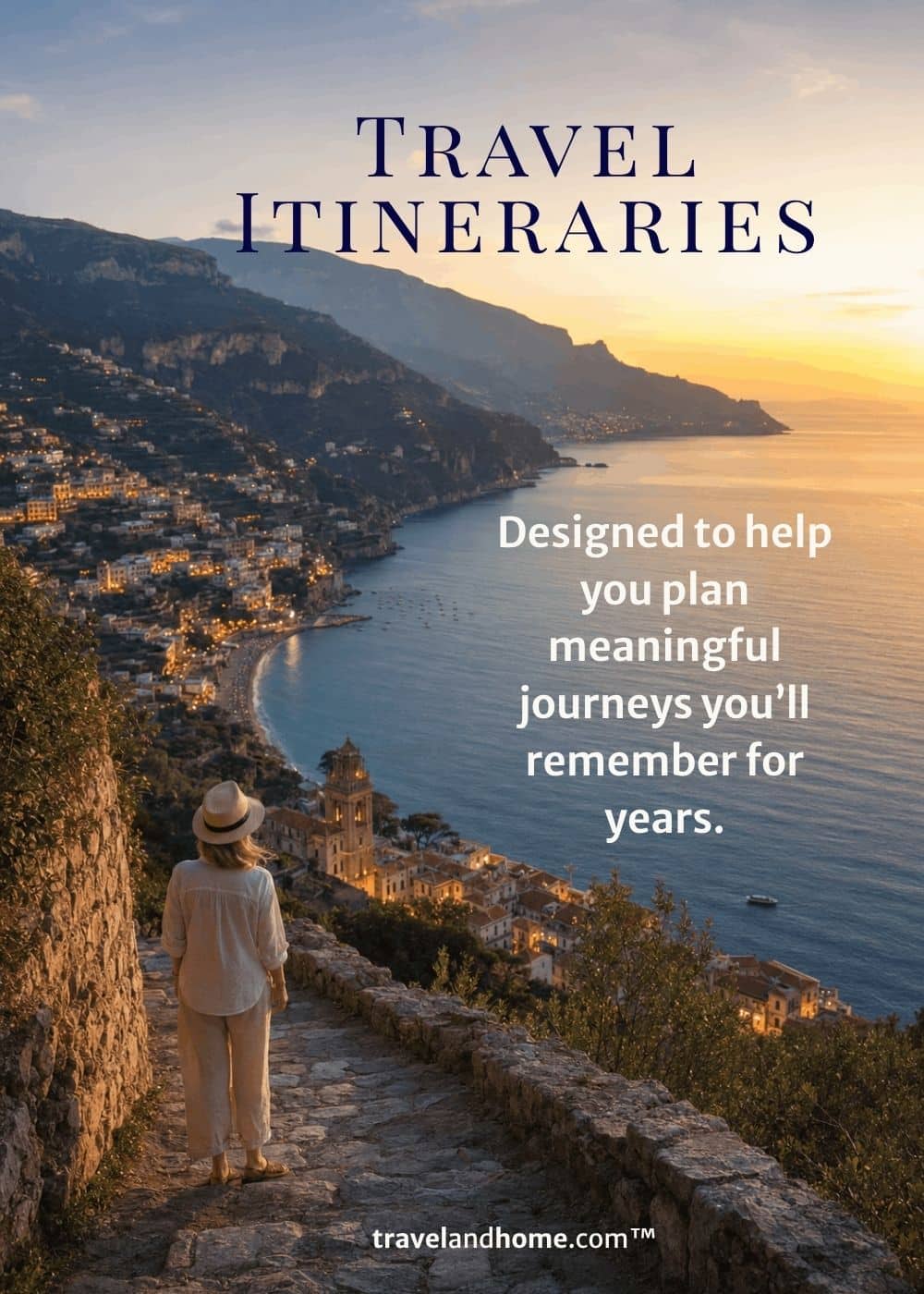 Download free travel itineraries, meaningful journeys, unforgettable experiences, practical travel itineraries, female traveler overlooking amalfi coast, woman, Italian coastline, mountains, villages