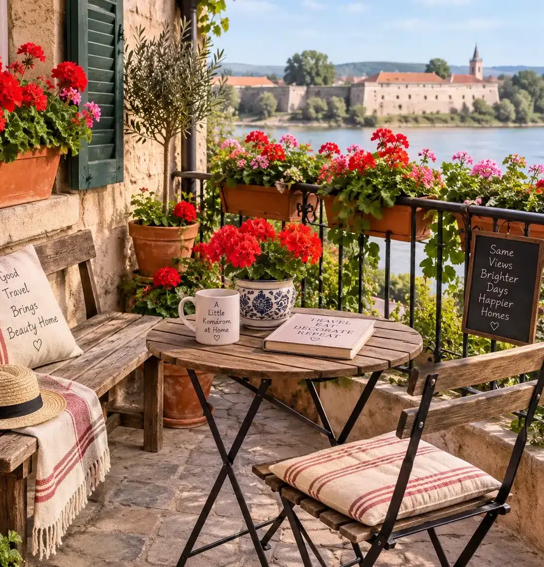 Terracotta post with geraniums on the banks of the Danube River in Hungary