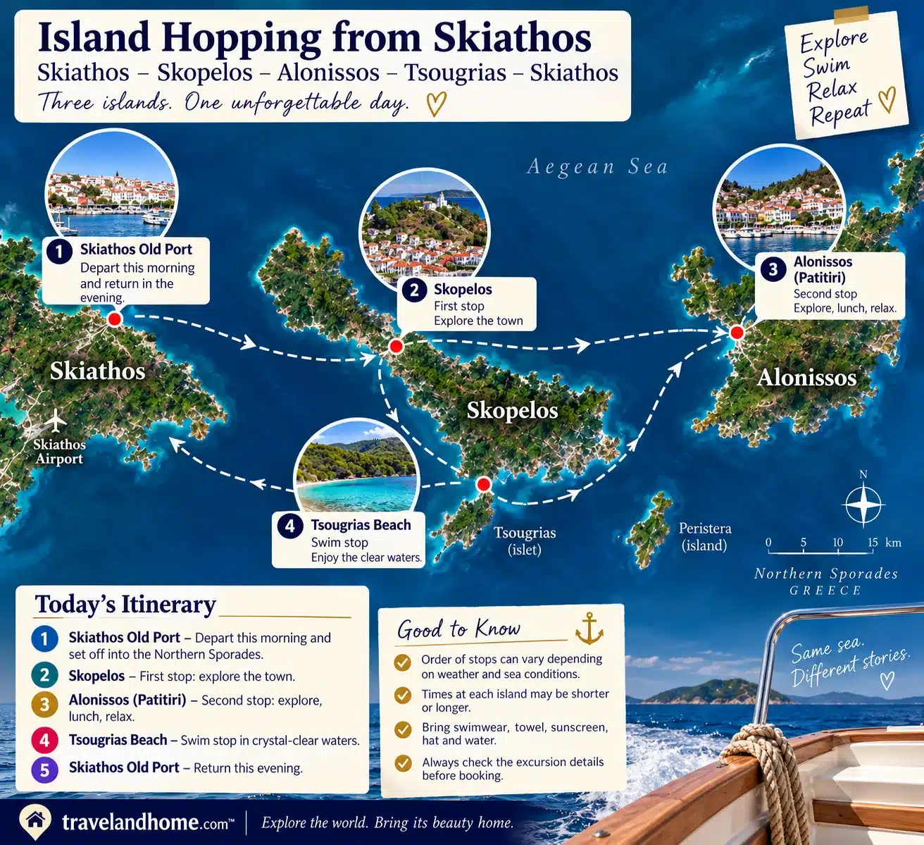 Island hopping from Skiathos to Skopelos to Alonissos to Tsougrias